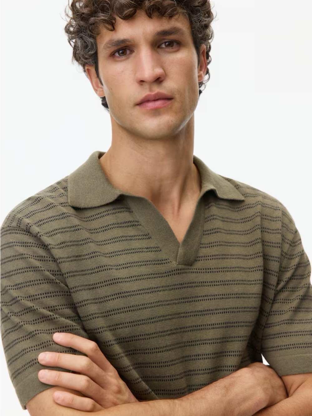 H&M Olive Green Knit Polo with Subtle Stripe Texture